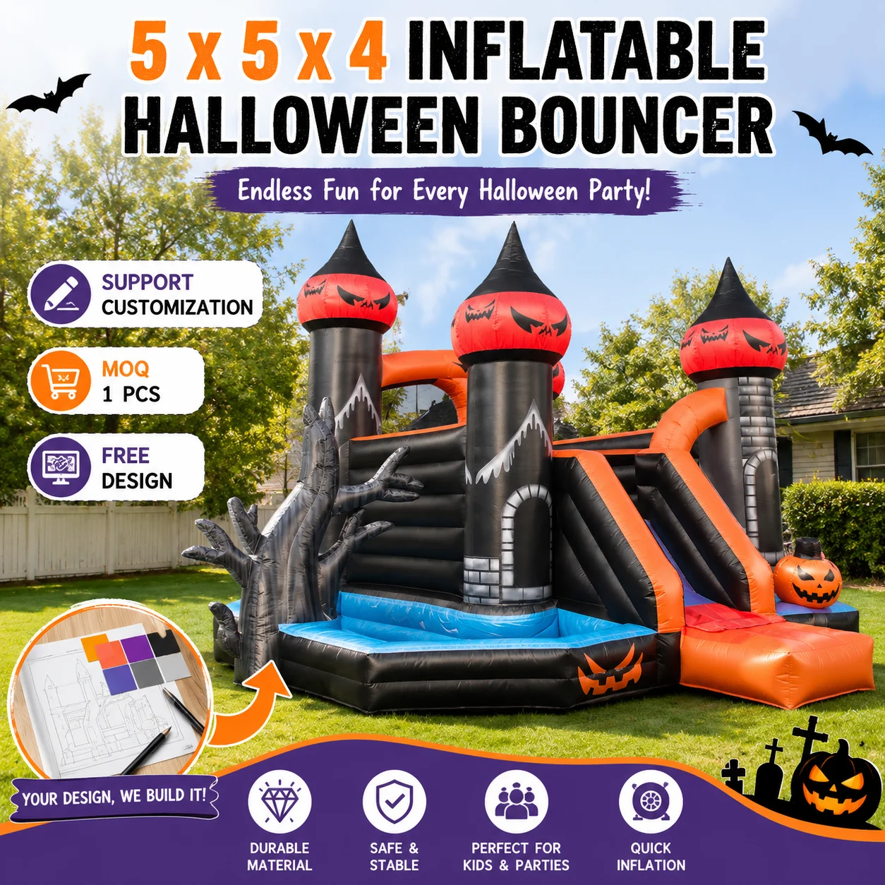 Halloween Inflatable Dinosaur Bounce House, Water Slide, Commercial PVC Bouncy Jumper for Kids Party, 2 in 1 Play Center