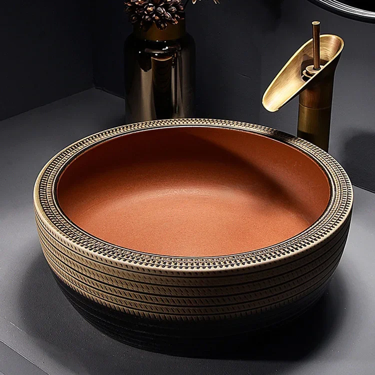 Luxury Jingdezhen Rose Gold Sanitary Ware Hand Painted Countertops Hand Textured Bathroom Sink Ceramic Washbasin