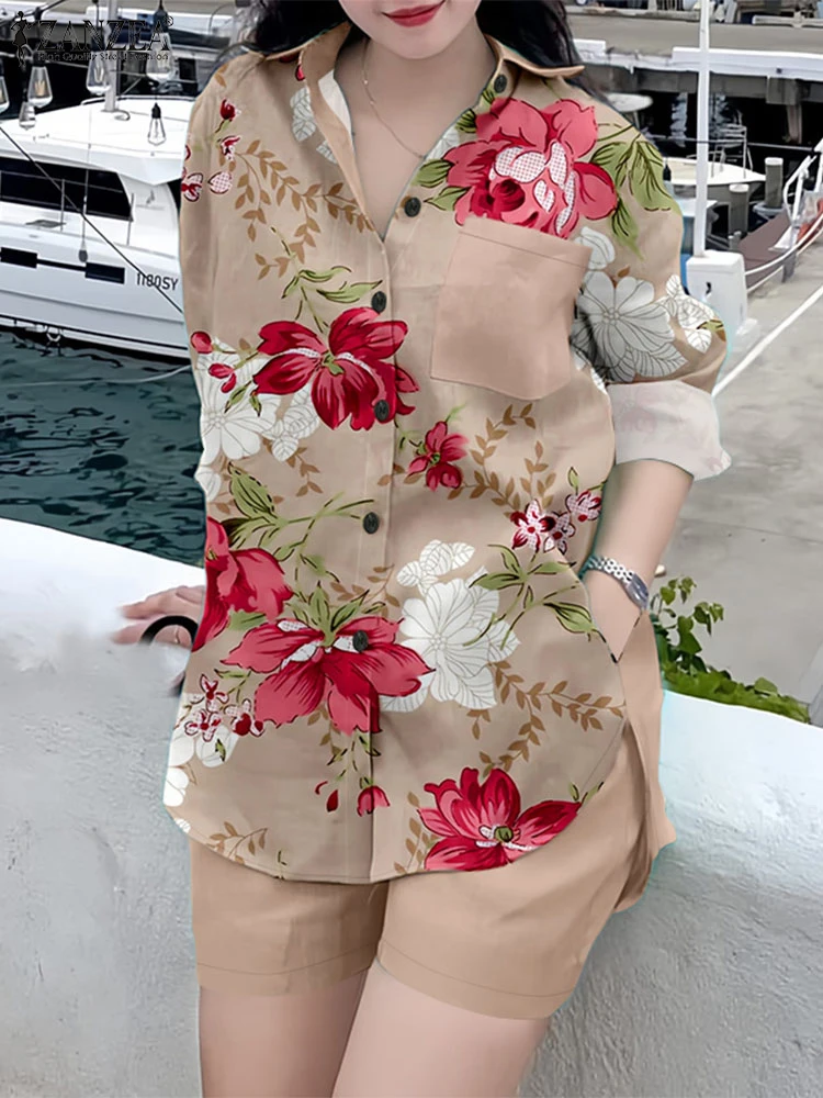 ZANZEA ストリートウェア ウエストゴム ショートパンツ セット 2025 夏 レディース 花柄プリント 長袖 カラーシャツ ツーピーススーツ ショートセット