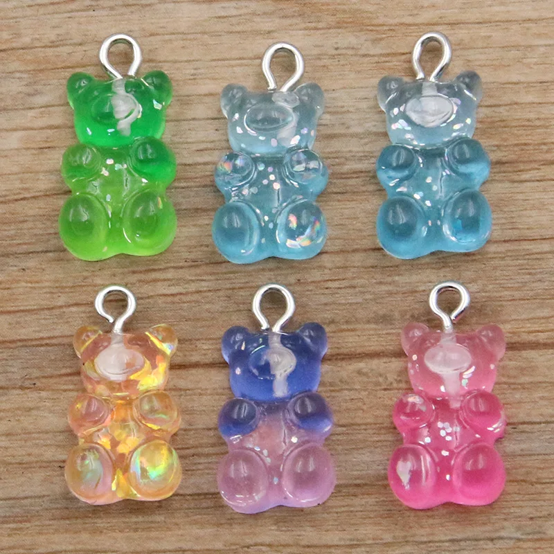 Colorido brilhante urso encantos, resina cabochões, colar de doces, chaveiro pingente, DIY fazendo acessórios, 5 cores, 11x21mm, 10pcs