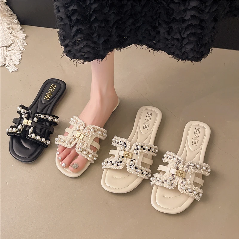 Beach Sandals Women's Summer Outdoor Wear Anti-Slip Small Fragrance Style Glitter Slip-On Shoes Korean Style Flat Heel Flip F...