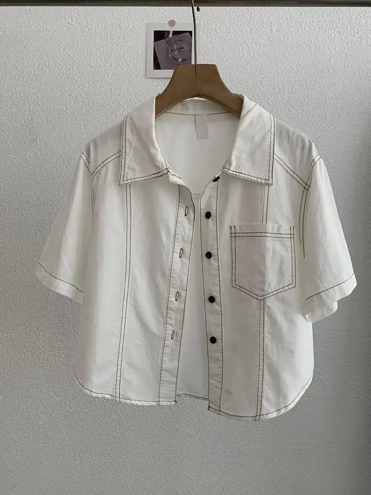 

Vintage Fashion Women Blue White Denim Short Sleeve Shirt Summer Khaki Tops 2025 Korean Loose Single Breasted Blouse Chic Trendy