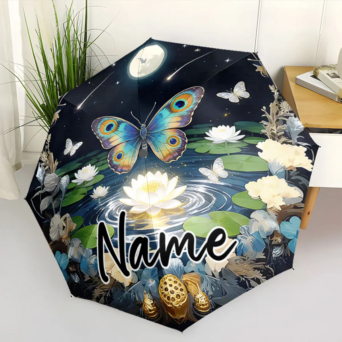 Custom Name Butterfly and Lotus Artistic Umbrella Design Print 8 Iron Ribs Folding Umbrella Auto-Open Fashion Sunshade
