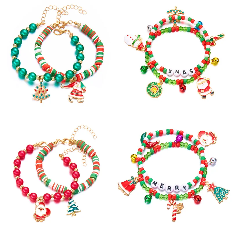 Bracelet de perles de riz multicolores de Noël pour femmes, pendentif père Noël mignon, arbre de Noël, bracelets de bonhomme de neige, bijoux de fête de navire de chia