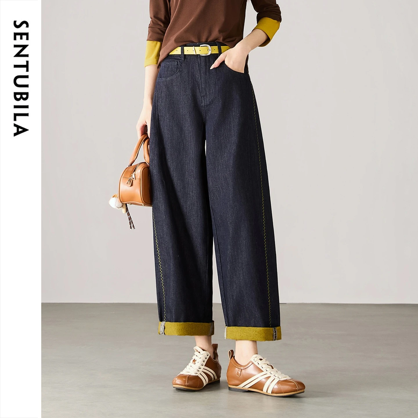 SENTUBILA Women High Waist Cropped Sickle Jeans 2026 Autumn Lyocell Blend Nine Trousers Ladies Casual Loose Fit Pants W63NH7989