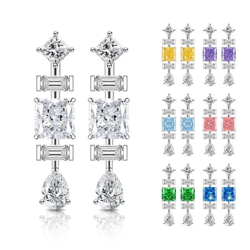 High Carbon Diamond Ice Flower Cut 925 Sterling Silver Long Women's Earrings Niche Geometric Water Drop Shape OL Daily Commute