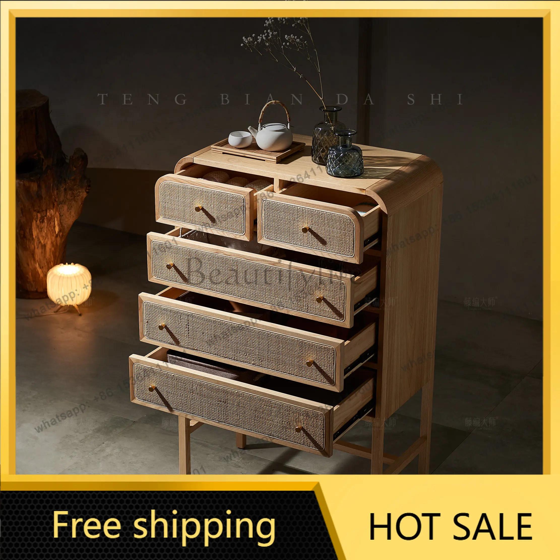 LD Japanese-style wabi-sabi wind rattan bucket cabinet living room solid wood storage side cabinet