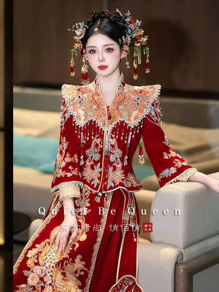 Luxurious upturned shoulder new velvet contrasting color phoenix crown and red wedding dress heavy-duty dragon