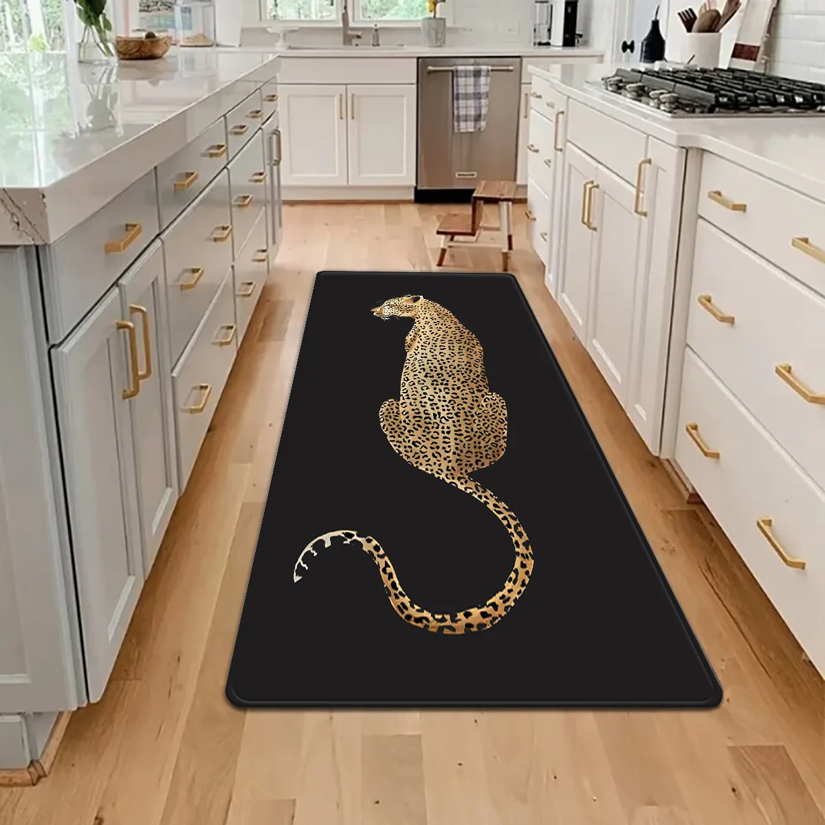Bold Leopard Print Black Kitchen Rug Non-Slip Washable Diatom Mud Floor Mat for Kitchen Hallway Living Room Home Decor