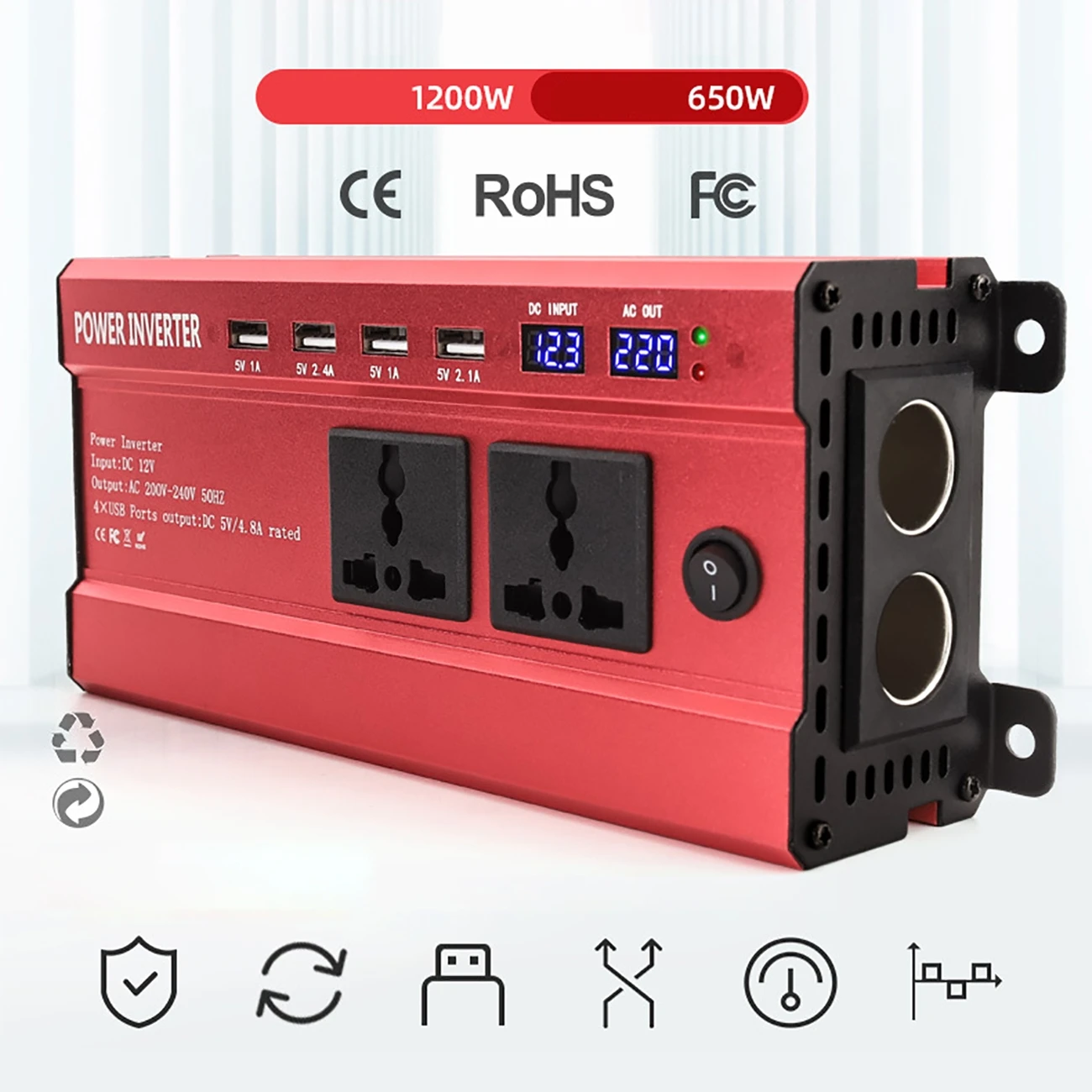 Imagem -02 - para 220v Inversor de Energia Solar Inteligente Lcd Dupla Interface 4usb Modificado Inversor de Energia de Onda Senoidal 1200w 12 24v