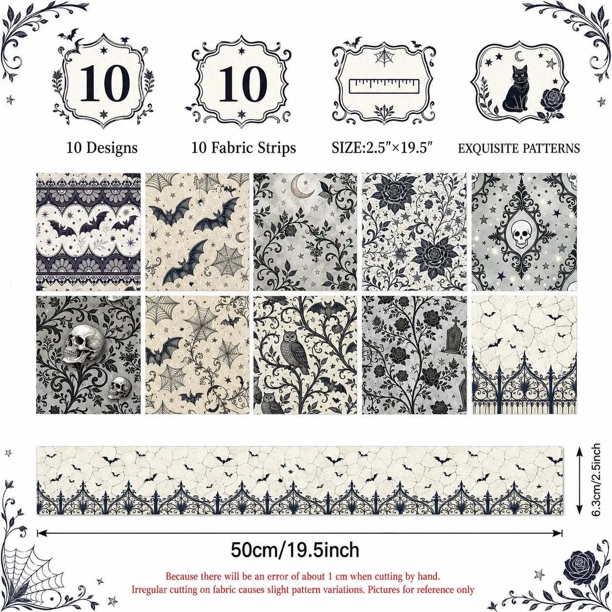 10pcs Skull Cat Bat Halloween Jelly Roll Fabric Strips 2.5X19.7inch Pre-Cut Polyester Patchwork Quilts, Table Runners, Placemats