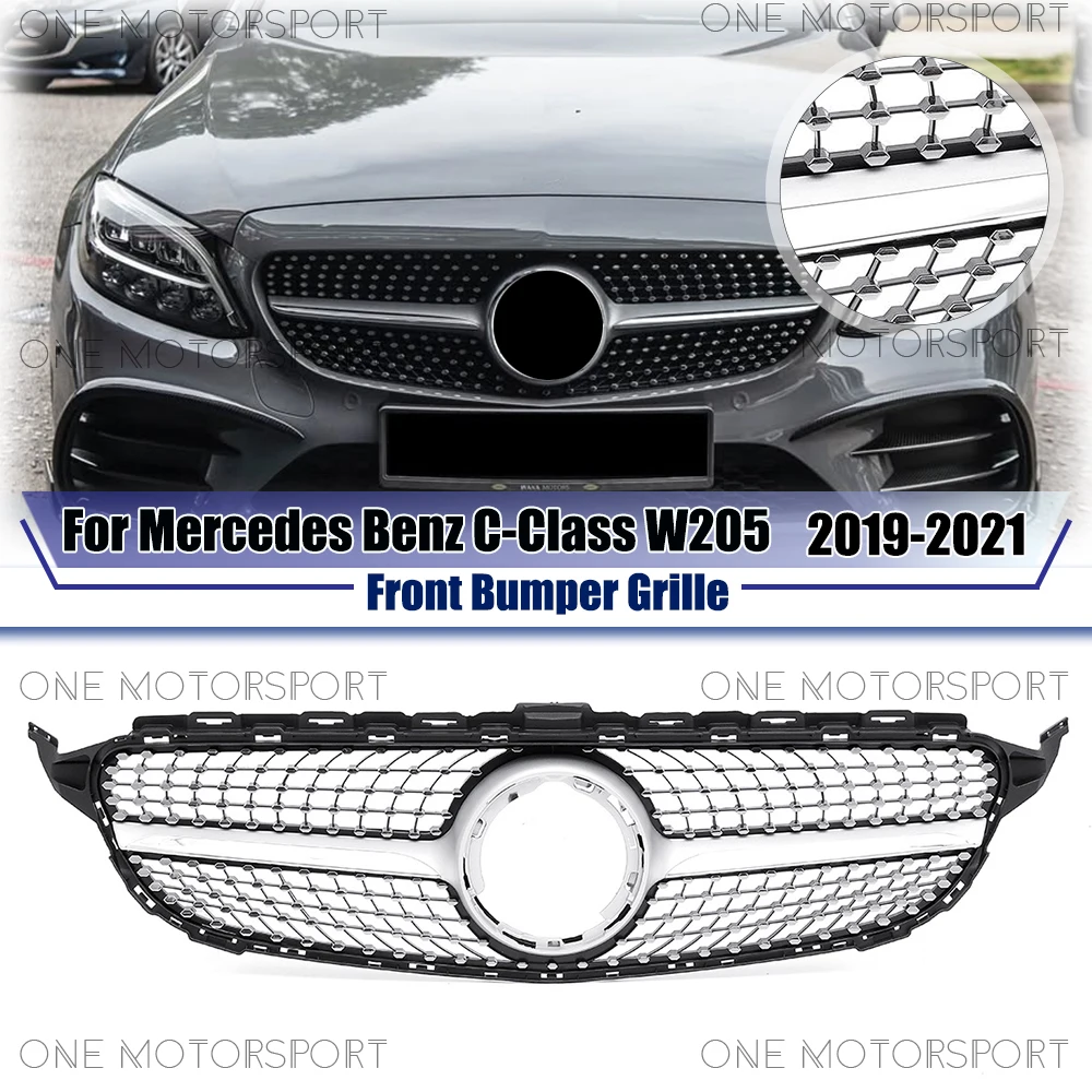 

Хромированный серебристый цвет для Mercedes Benz C-Class W205 19-21 C180 C200 C300 C43 AMG без камеры 360 с бриллиантами в стиле гоночного бампера, решетка