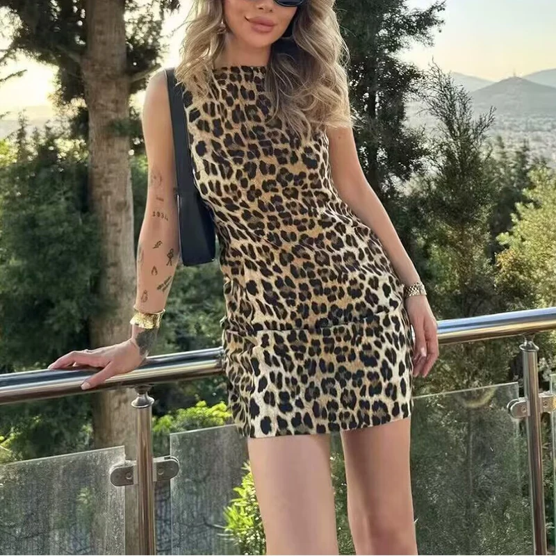 Faionable Leopard Print  Dr Women's Sle ort Length Print Dr Sexy Sle Suitable for All Seasons Polyester Fiber