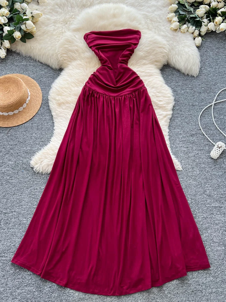 فستان نسائي طويل أنيق على شكل حرف a مثير مكشوف الأكتاف بحاشية كبيرة تصميم تنحيف تنورة جميلة نمط مناسب للتنقل فستان صيفي