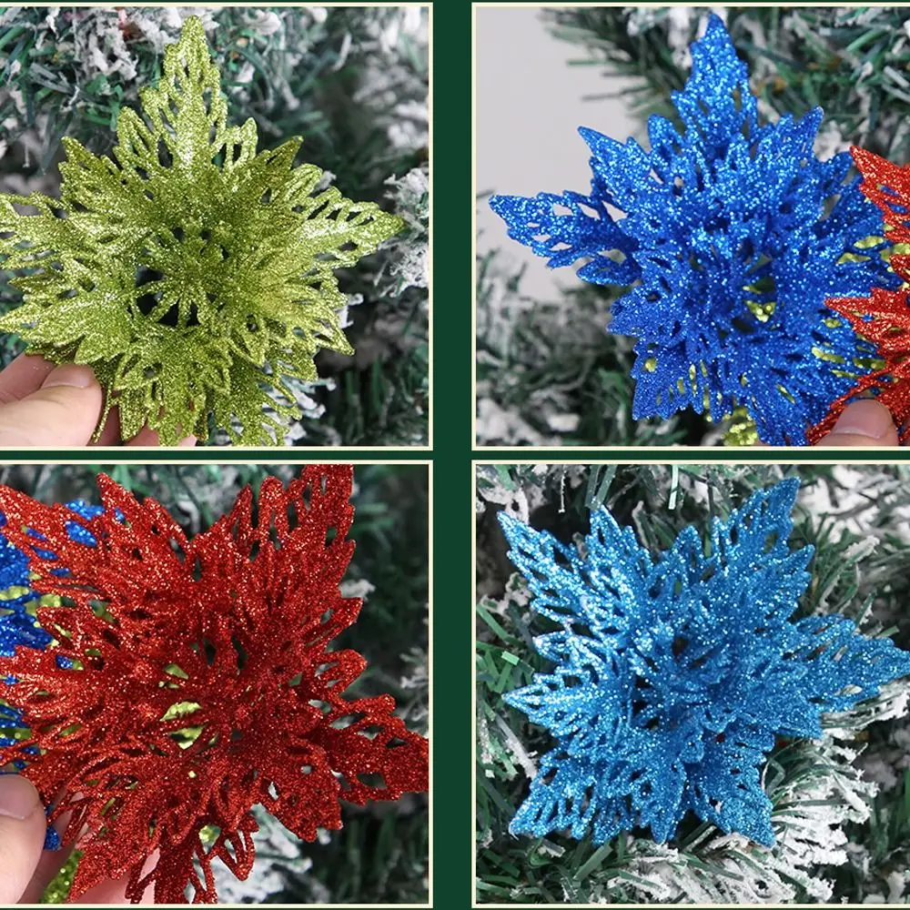13cm Christmas Glitter Flower Head Simulation Sequins Artificial Poinsettia Flower Handmade Realistic Christmas Tree Decorations