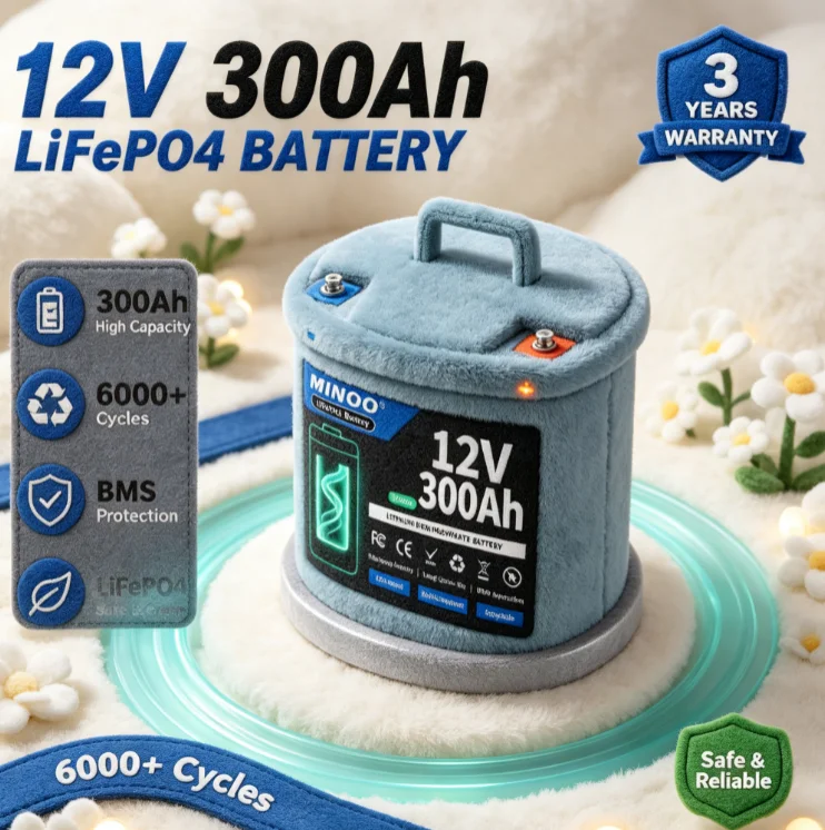 12V 300Ah Lithium LiFePO4 Battery Built-in 300A BMS High Capacity Deep Cycle Battery for RV Solar Marine Backup Power