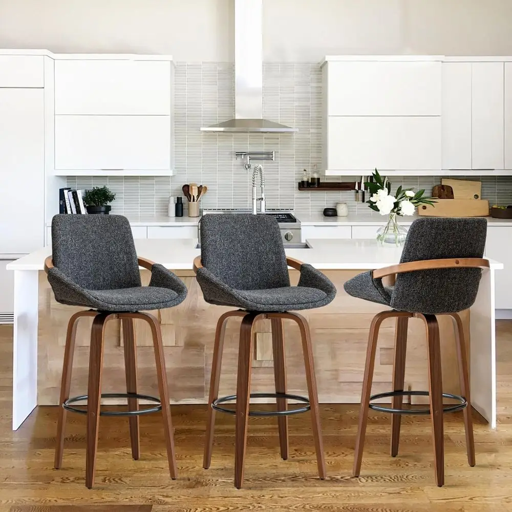

Set of 3 Bar Height Stools: Charcoal Gray Linen Upholstered, Walnut Wood for Home Bar Furniture