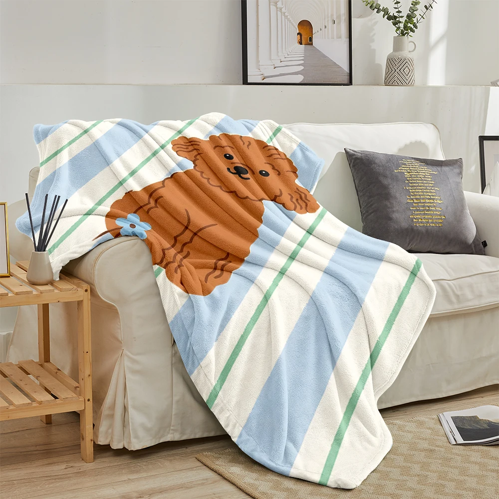 Blue Stripes Brown Poodle Flannel Blanket Cartoon Printed Throw Blanket for Kids Adults Soft Plush Bed Sofa Cover Gift