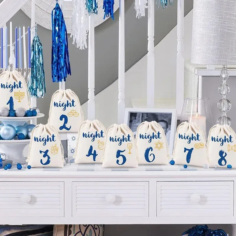 

8 Nights of Hanukkah Drawstring Bag Happy Chanukah Countdown Calendar Pouches Jewish Holiday Party Decoration Festival of Lights