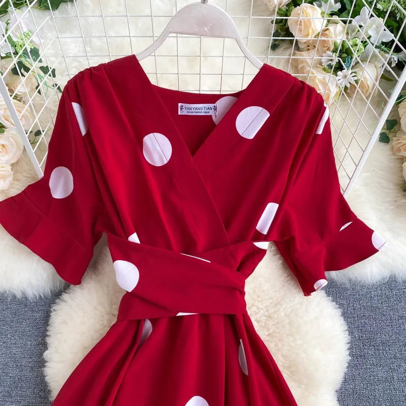 YuooMuoo Women Dress 2025 New Korean Fashion Polka Dot Print Long Summer Dress Vacation Style Sash Bandage Big Swing Beach Dress