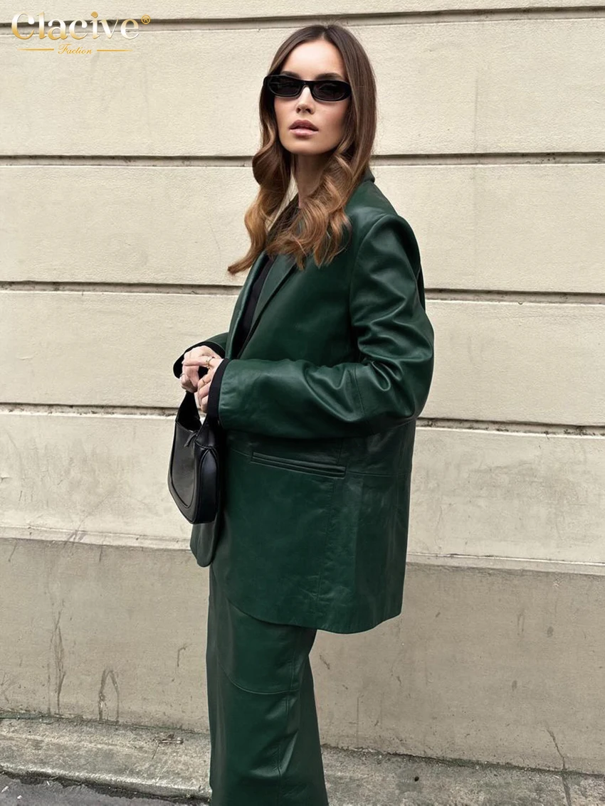 Clacive Fashion Loose Green Pu Leather 2 Piece Sets Women Outfit 2025 Elegant Long Sleeve Blazer With High Waist Long Skirt Set