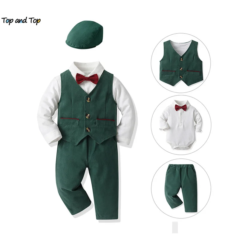 top and top Fashion Baby Boys Gentleman Clothing Sets Long Sleeve Bowtie Rompers Shirts+Vest+ Pants+Hat Infant Boys 4Pcs Suits