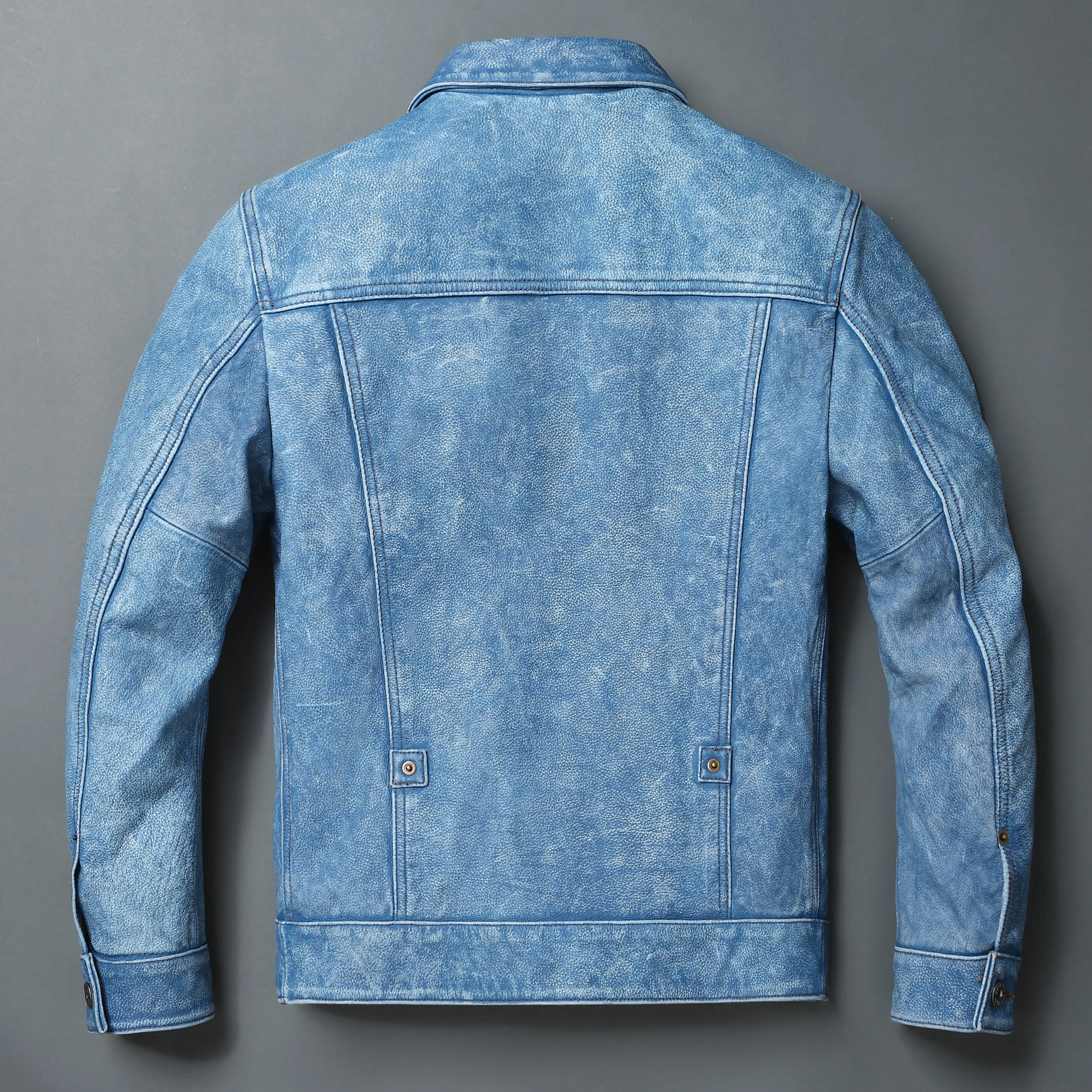 Vintage Indigo Washed & Stonewashed Distressed Full-Grain Leather Jacket for Men - 506 American Denim Biker Style oversize 5xl