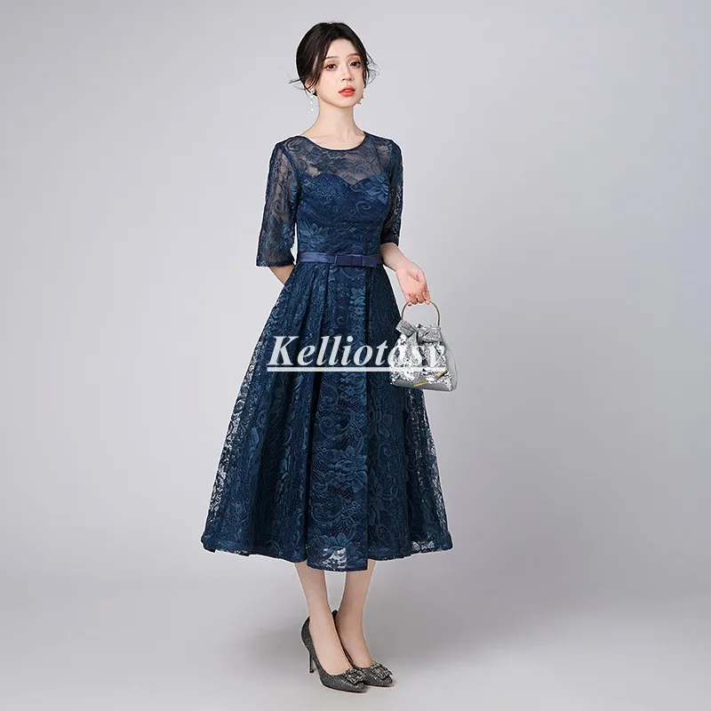 Lace Bridesmaid Dresses Plus Size Tea Length Half Sleeves Navy Blue Bridesmaid Dress For Wedding