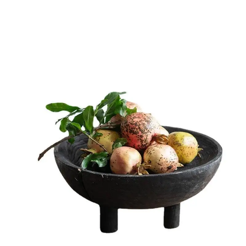 wabi-sabi black four-legged solid wood dried fruit tray, living room coffee table tray, round small tea tray, home decoration
