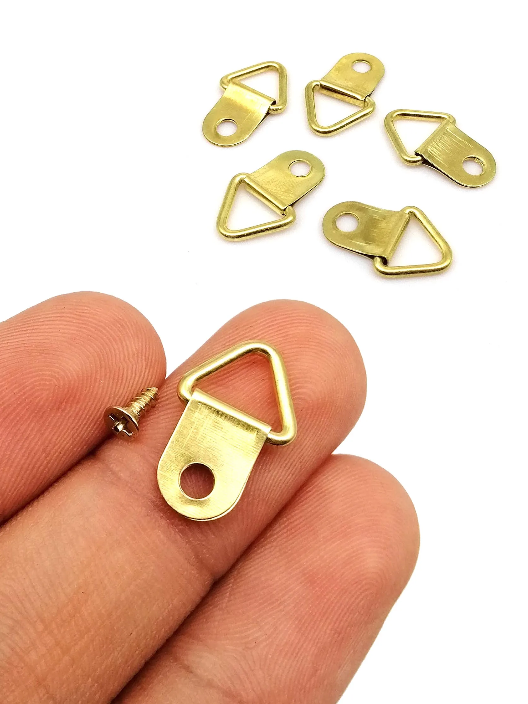 HZYUEGOU 100 Stück goldene Dreieck-D-Ringe zum Aufhängen von Bildern, Ölgemälden, Fotos, Spiegelrahmen, Wandhaken, Aufhänger mit 100 Schrauben, 10x20mm – Detail 1