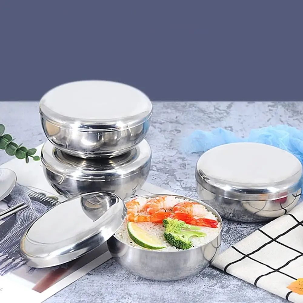 With Lid Korean Stainless Steel Bowl Round Silver Rice Bowl Anti Drop Smooth Surface Children Bowl Cream Foam