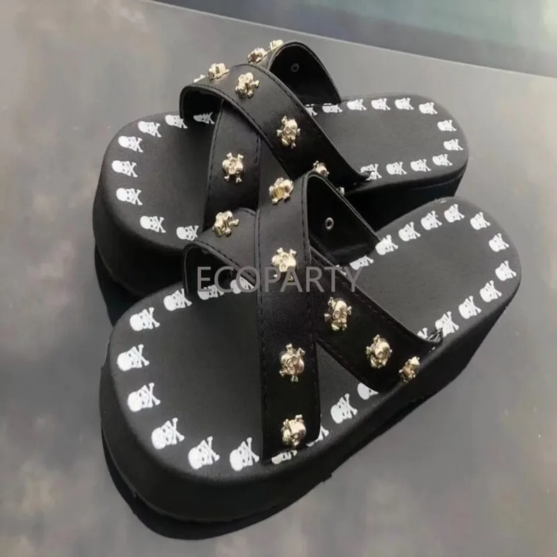 Skull Head Thick Sole Sandals Large Slope Heel Sponge Cake Water Table One-word Slippers  Female Rivets Ladie Shoes Slippers