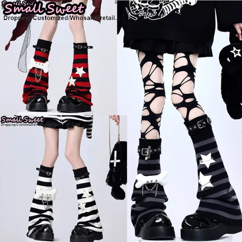 

Women Punk y2k Girls stripe pu leather belt decoration keep warm Leg Warmers Star Bone socks Steampunk Leg warmers spike socks