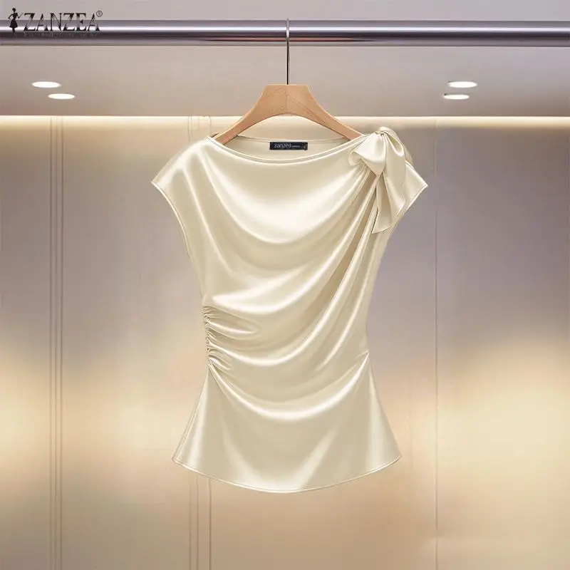 

Elegant Office Lady Tunic Blouse 2026 ZANZEA Summer Women Tops Short Sleeve Slim Fit Satin Blouses Stylish Solid Pleated Mujer