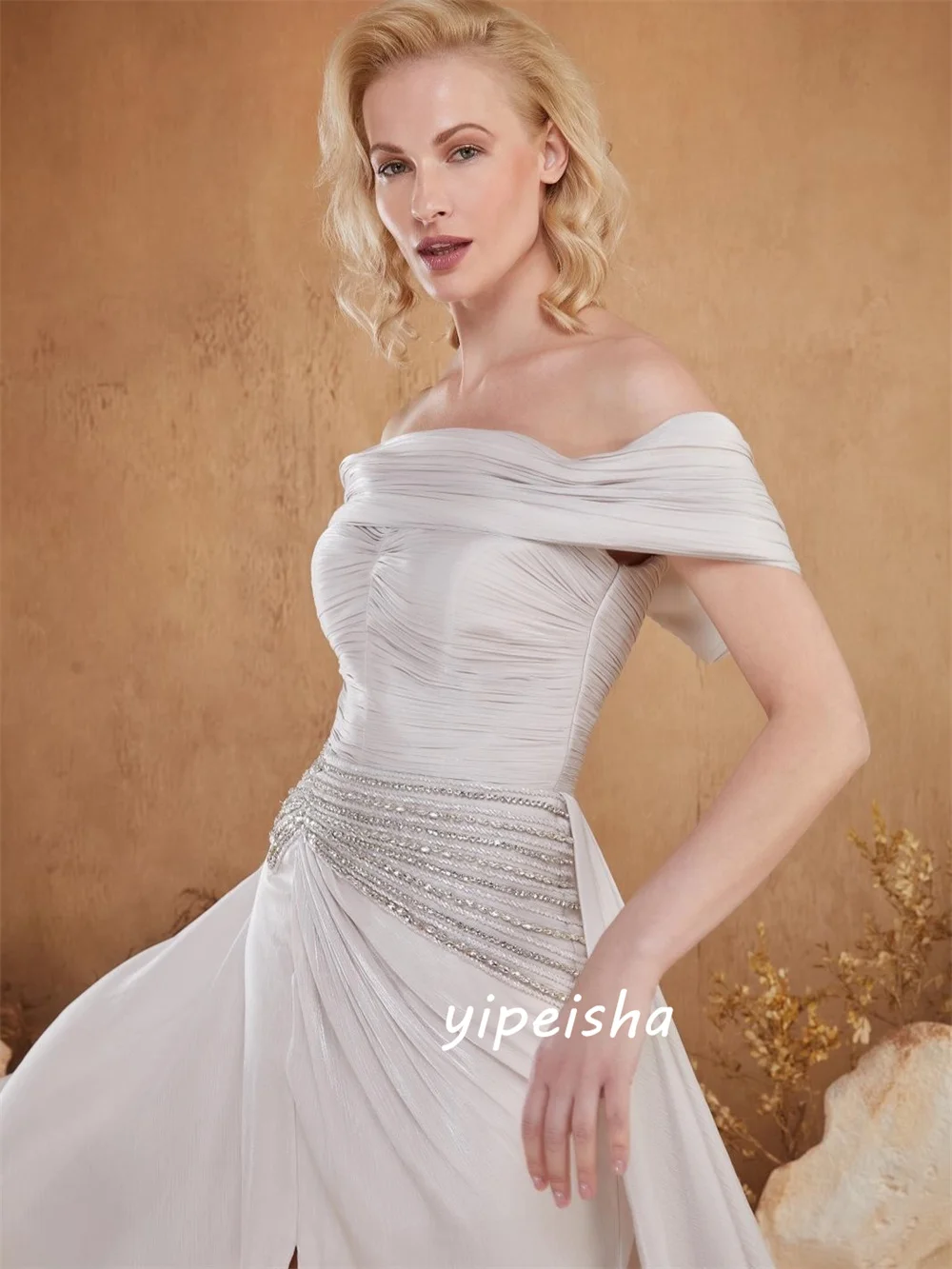 

Customized Modest Fashion Pleat Beading Sequined Rhinestone A-line Off-the-shoulder Floor-Length Evening Dresses for Woman
