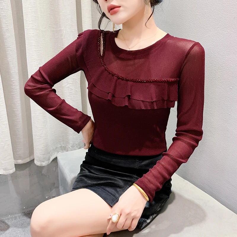 #7373 Black Red Asymmetrical Mesh Skinny T Shirt Women Split Joint Ruffles Short T Shirt Femme Sexy Hollow Out Womens Tee Shirts