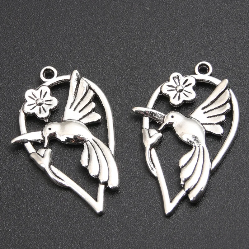 10 Pcs  Silver Color Hummingbird Drinking Nectar From A Flower Charm Jewellery Pendant For Bracelet Necklace 5x21mm A280