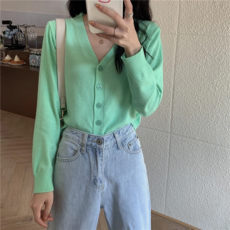 Y2k Sweet Women Crop Cardigan Korean Knitted Slim Long Sleeve Female Sweaters Autumn New All Match V Neck Ladies Casual Tops