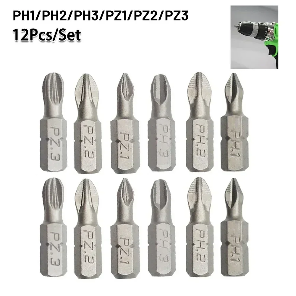 12pcs 25mm Cross Bits Kit Hex Shanked Anti-Slip Screw Driver Bit Magnetic Drill Batch Head PH1/PH2/PH3/PZ1/PZ2/PZ3