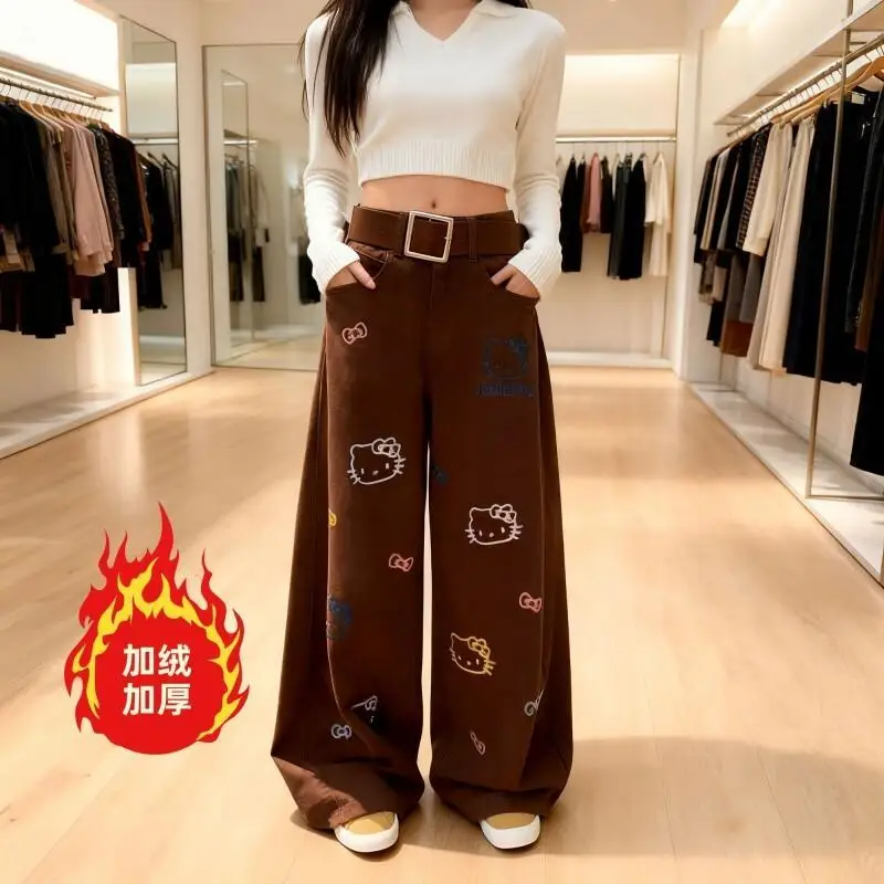 

Джинсы женские Sanrio Hello Kitty, осенне-зимние, в американском стиле, коричневые, с вышивкой, широкие, стройнящие, ретро, новые, свободные, прямые