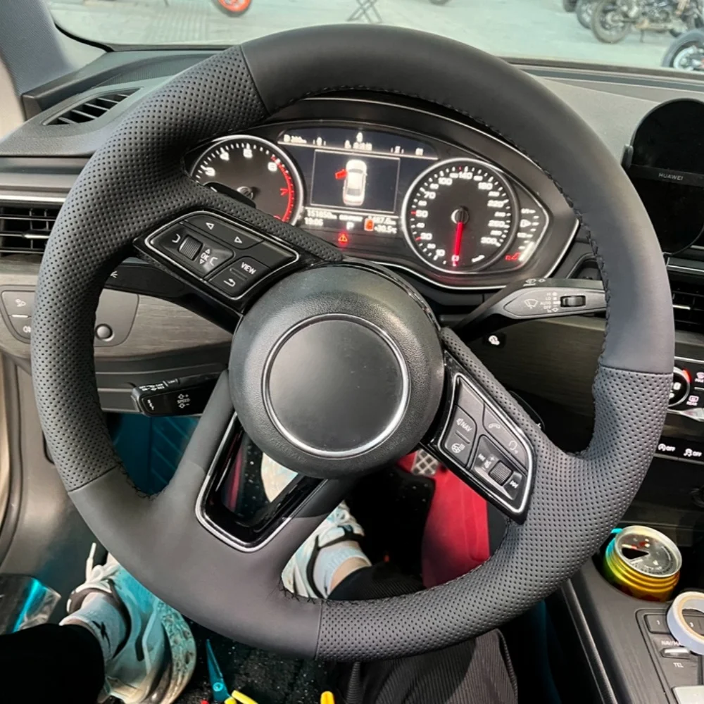 Hand-Stitched Black Artificial Leather Steering Wheel Cover For Audi A3 2017-2019 A4 2017-2019 A5 2018-2019 S5 2018-2019