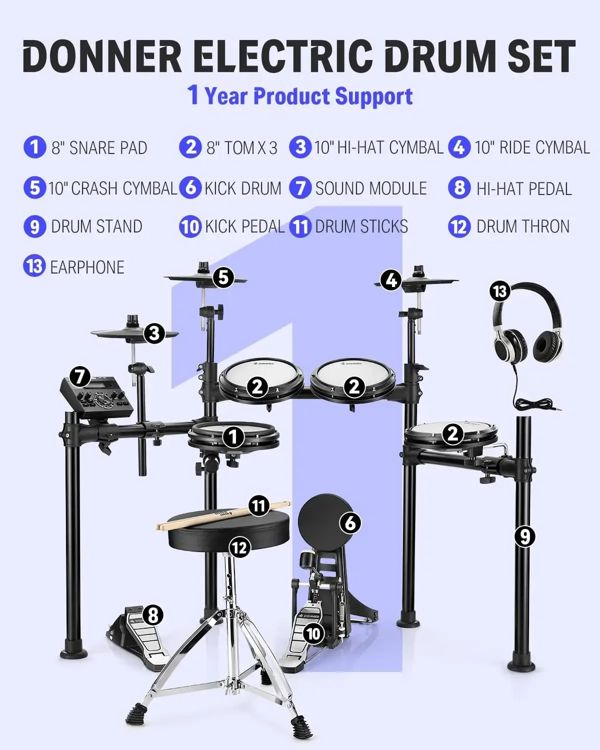 Ensembles de batterie électrique DED-200 avec tampons de batterie à mailles silencieuses, 2 cymbales avec starter, 31 kits et plus de 450 sons, trône, casque, Sti