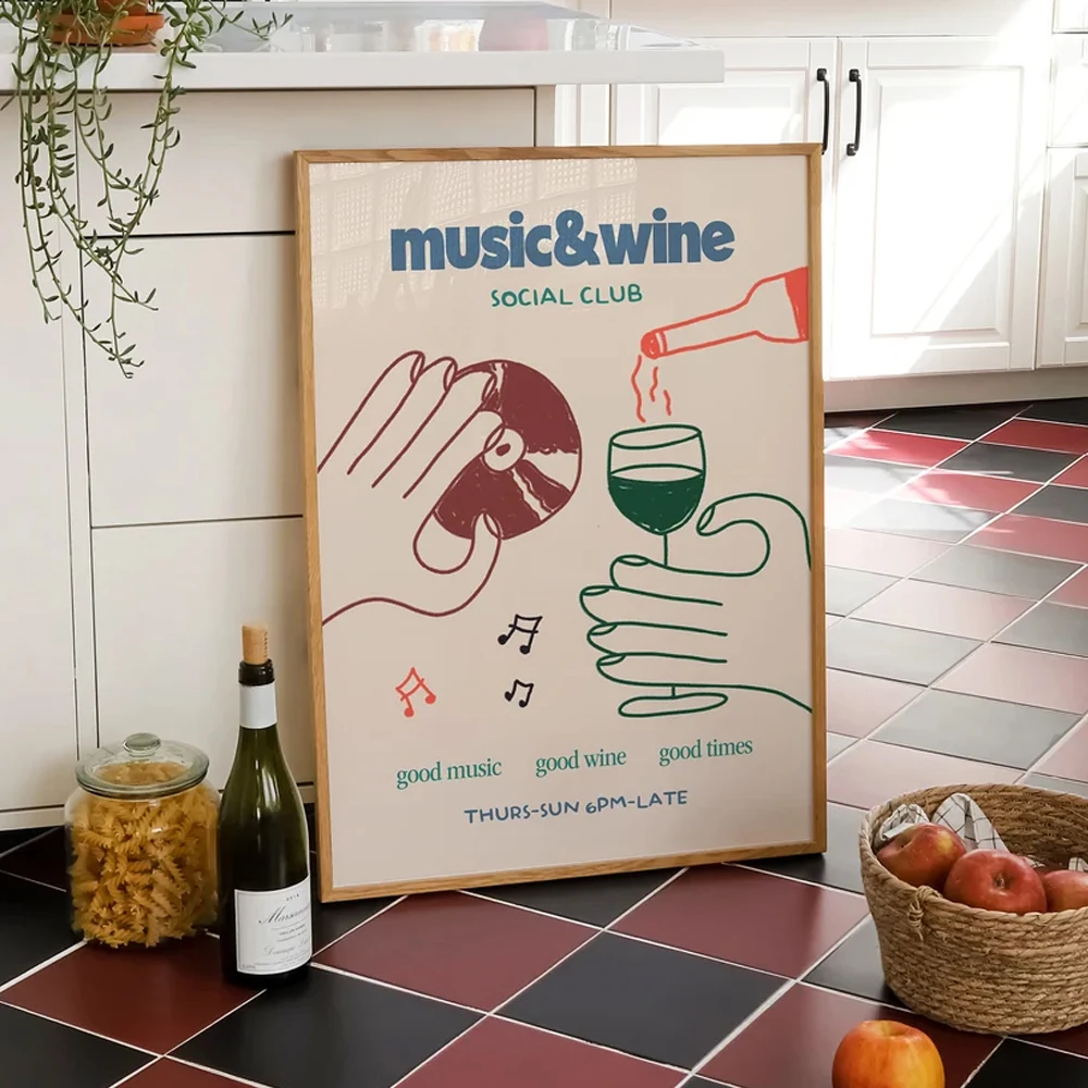 Boho Music Wine Line Art Paper Posters Aesthetic Wall Print for Kitchen Bar Apartment Dining Room Home Decor Unframed