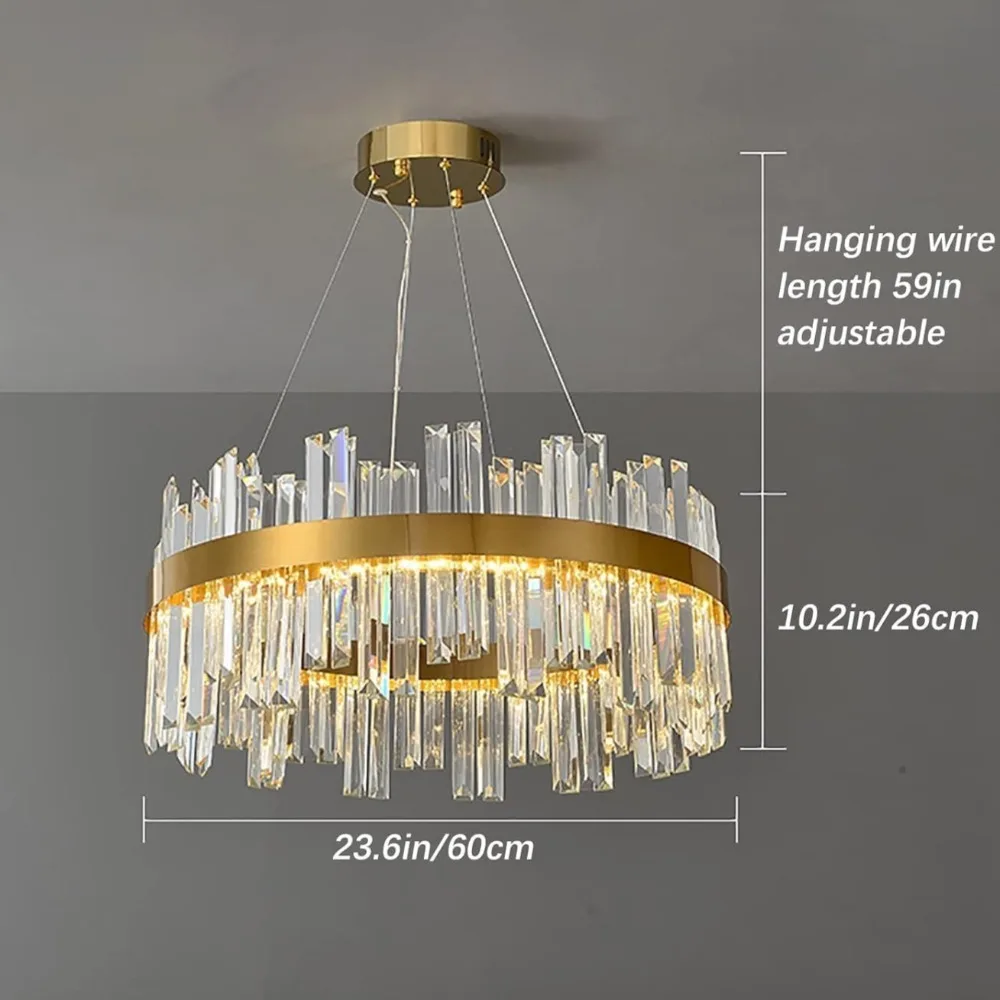 

60CM Gold Modern LED Crystal Chandelier Luxury Adjustable Height 3 Colors Dimmable Pendant Ceiling Light for Dining Room Foyer