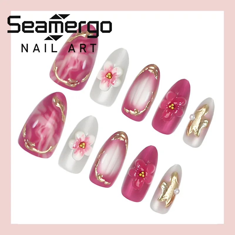 

24PCS 3D Golden Flowers Almond Press on False Nails Pink Blush French Simple Fake Nails for Women Girls Wearable Manicure Tools