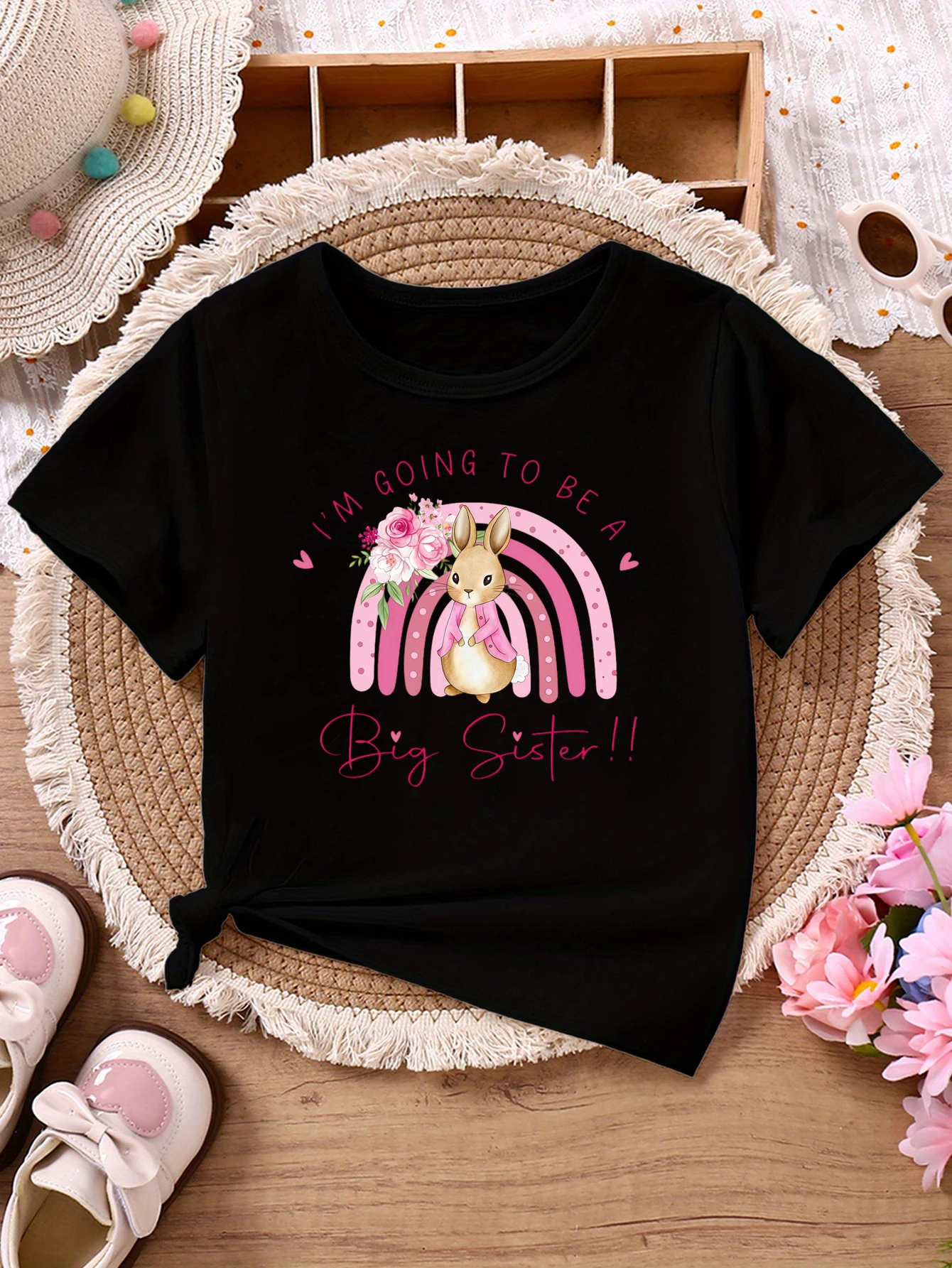 I Am Going To Be A Big Sister Rainbow Flowers Bunny Printed T Shirt Girls Pregnancy Announcement Shirt Funny Kids Clothes