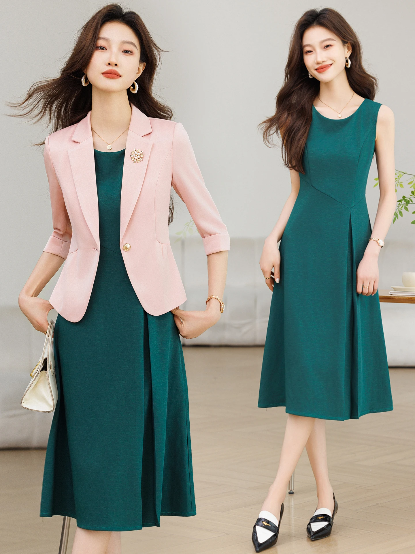Pink Suit Jacket Women's Small Size Spring Thin Seven-Quarter Sleeve Casual High-End Feelings Ladies' Suit Set