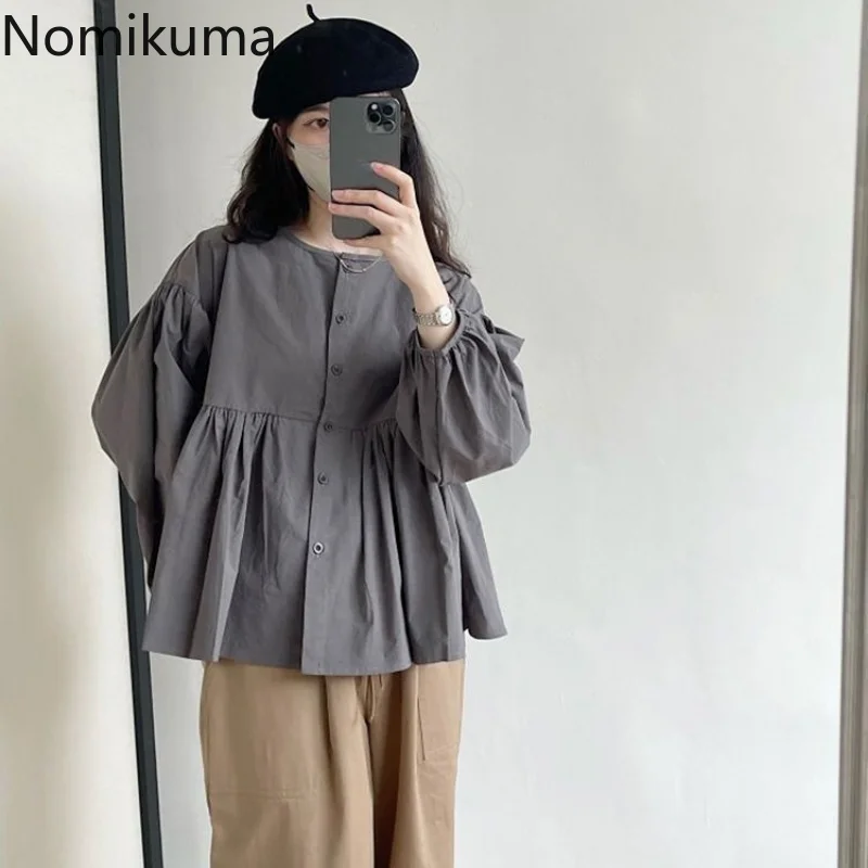 Nomikuma Shirts Blouses Spring Autumn Lantern Sleeve Pleated Loose Solid Blouses for Women Fashion 2022 Casual Shirts for Women