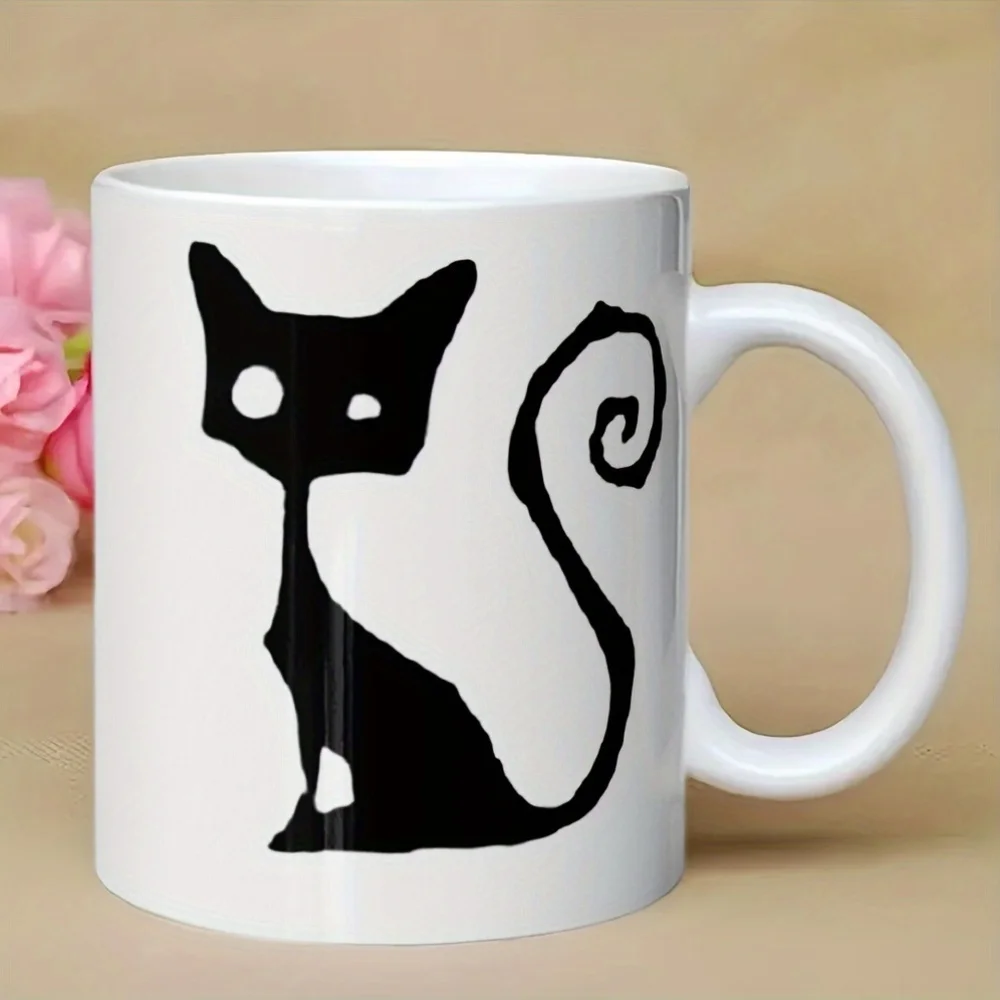 1pc Black cat silhouette mug, ceramic finish, suitable for everyday use at home and in the office.