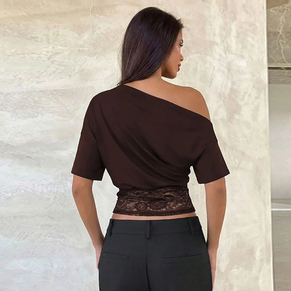 Off-Shoulder Lace Patchwork Top Lace-Trimmed See Through Fabric Lace Blouse Waist-Defining Sleeveless Lace Crop Top